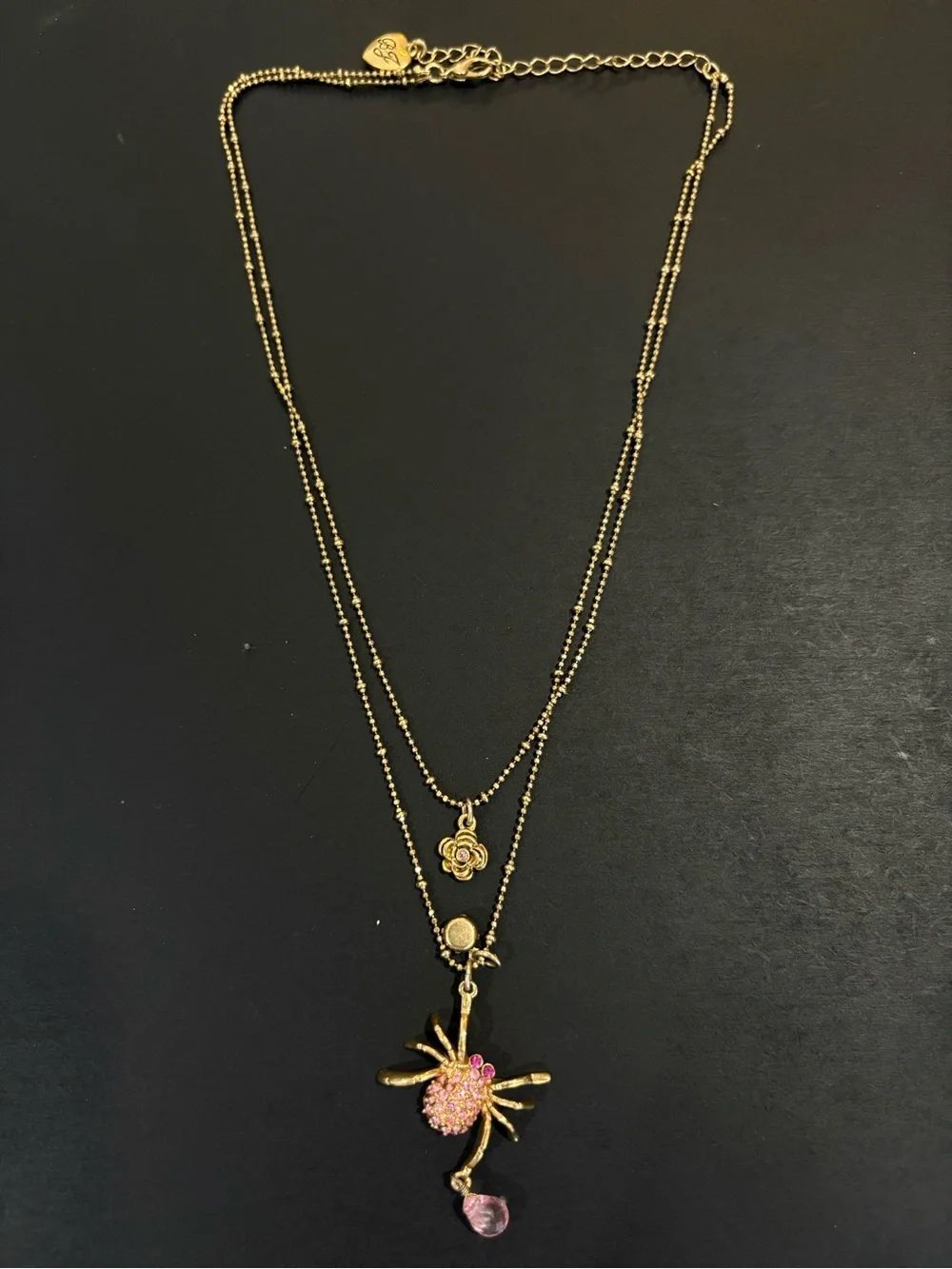 RARE Betsy Johnson Spider Pendant Gold Tone Two Strand Crystal Encrusted Charm